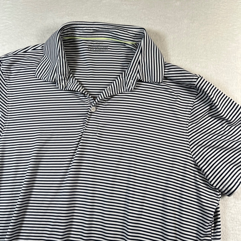 J.Crew Performance Mens XL Polo Shirt Navy White Striped Golf Short Sleeve 6737